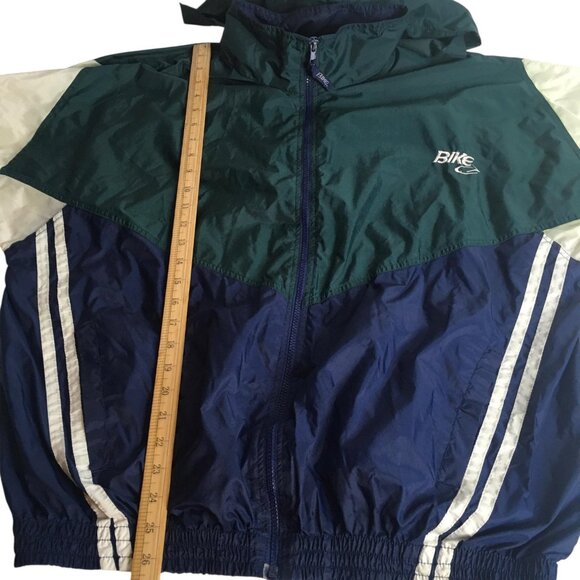 Bike Athletic Jacket Mens Large Green Navy Colorblock Windbreaker Stowaway Hood - Picture 9 of 15